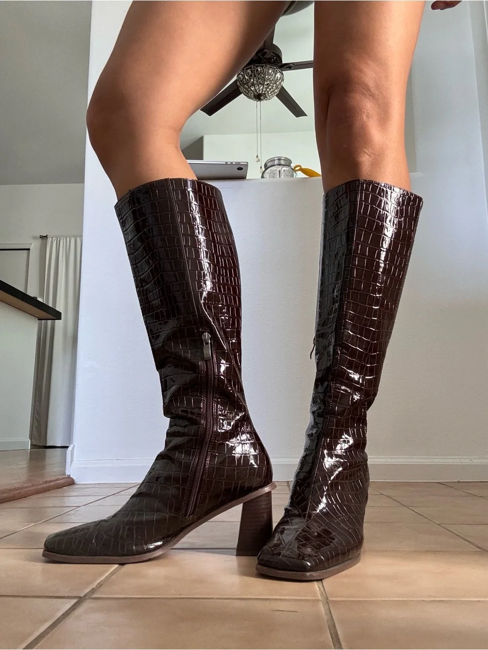 Coach LIKE Croc-Embossed Knee Boots in Dark Brown